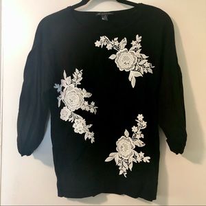 INC Black Sweater with Lace Roses